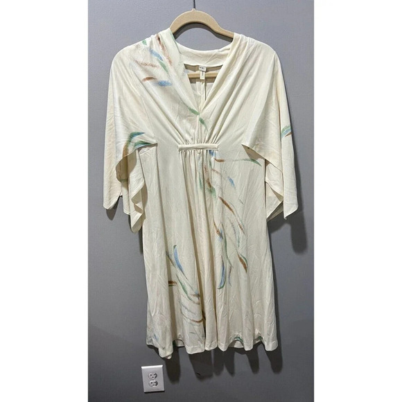 Vtg 7os Womens White Hawaiian Kaftan Summer Midi Dress 14 Elastic Waist String - Picture 4 of 16
